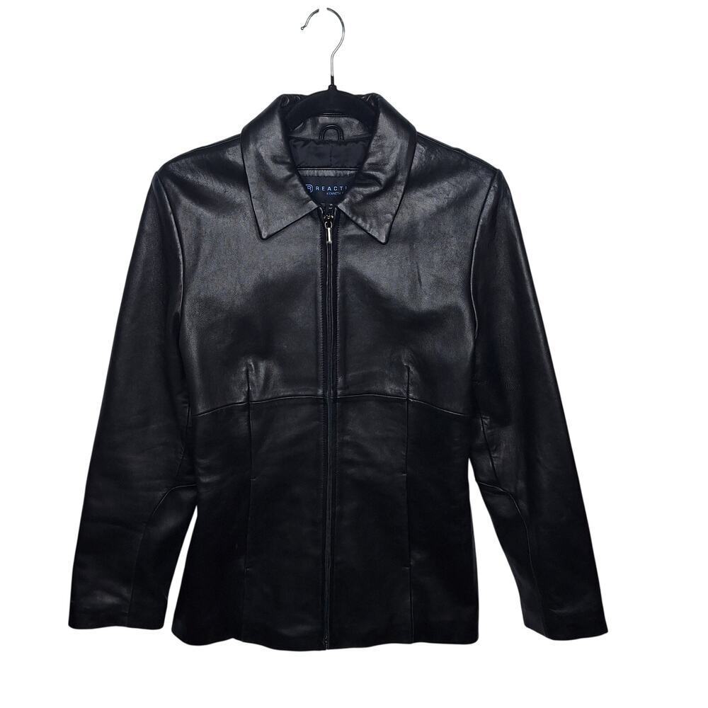 Vintage Y2K Leather Bomber Jacket Full Zip Front Kenneth Cole Women M Collared